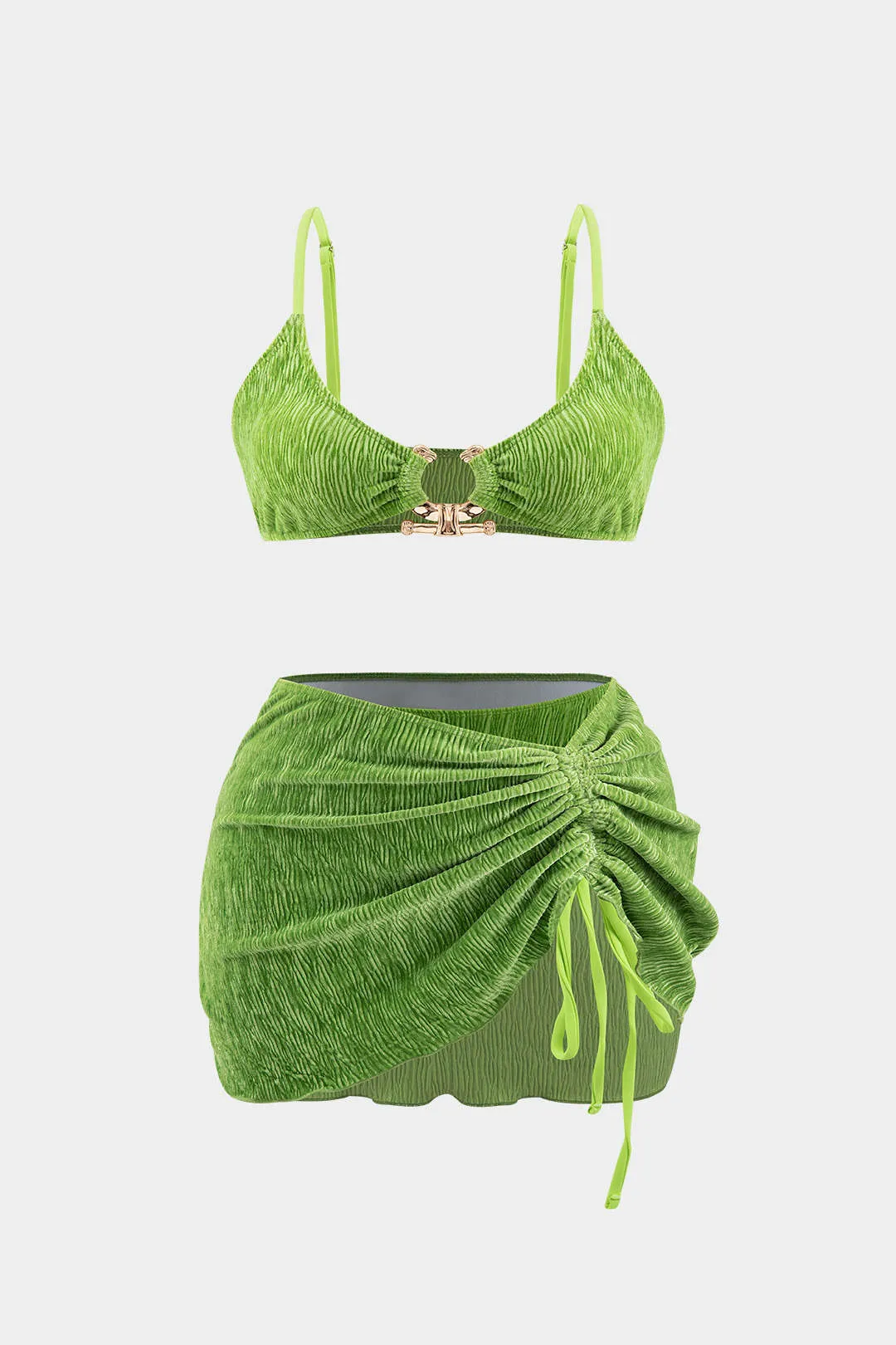 Plusstørrelse plisseret metallisk dekor tegning af 3-stykker bikini sæt sold by Micas