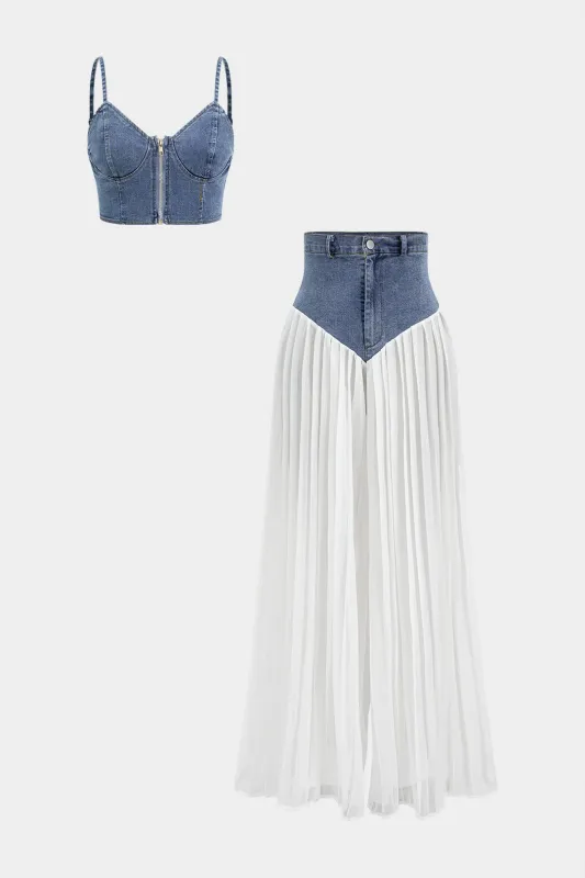 Denim bustier lynlås cami top og chiffon plisserede patchwork bukser sæt sold by Micas