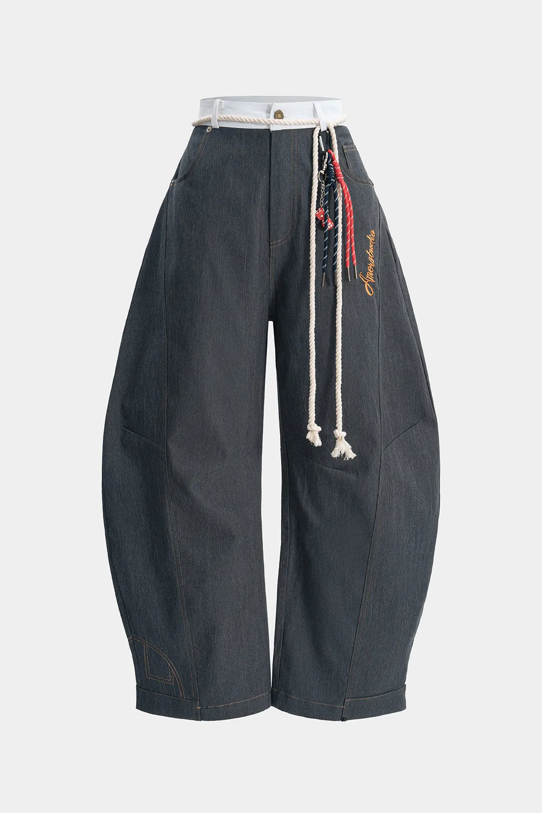 Patchwork brede ben tønde jeans med bælte sold by Micas