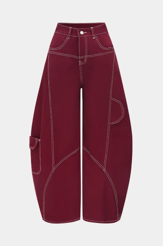 Denim brede benbindende tøndebukser sold by Micas