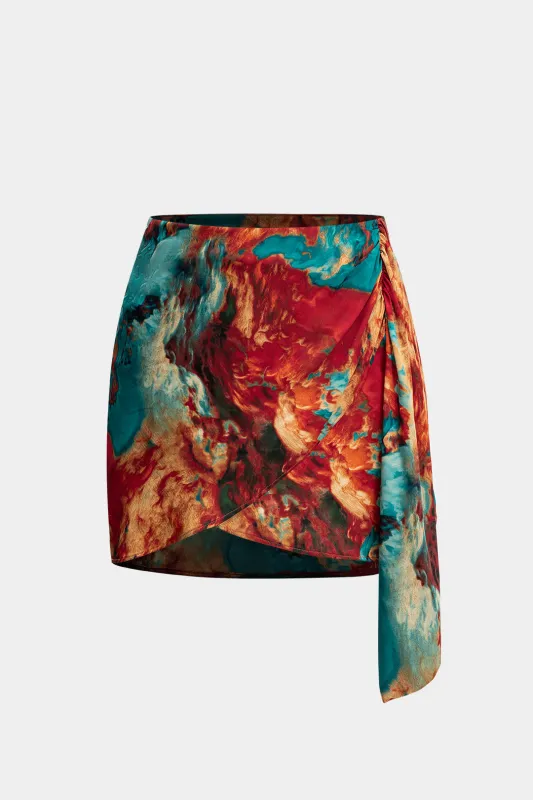 Satin Abstract Pattern Asymmetrical Ruched Skirt sold by Micas