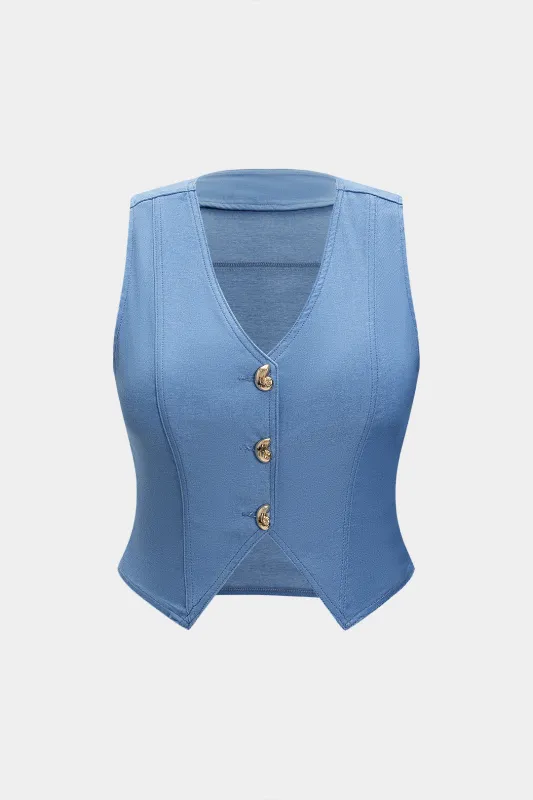 Plus Size Denim V-Neck Button Vest made by Micas