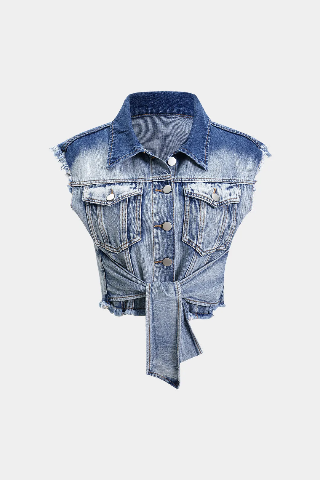 Denim Tie Front Washed Frayed Vest sold by Micas