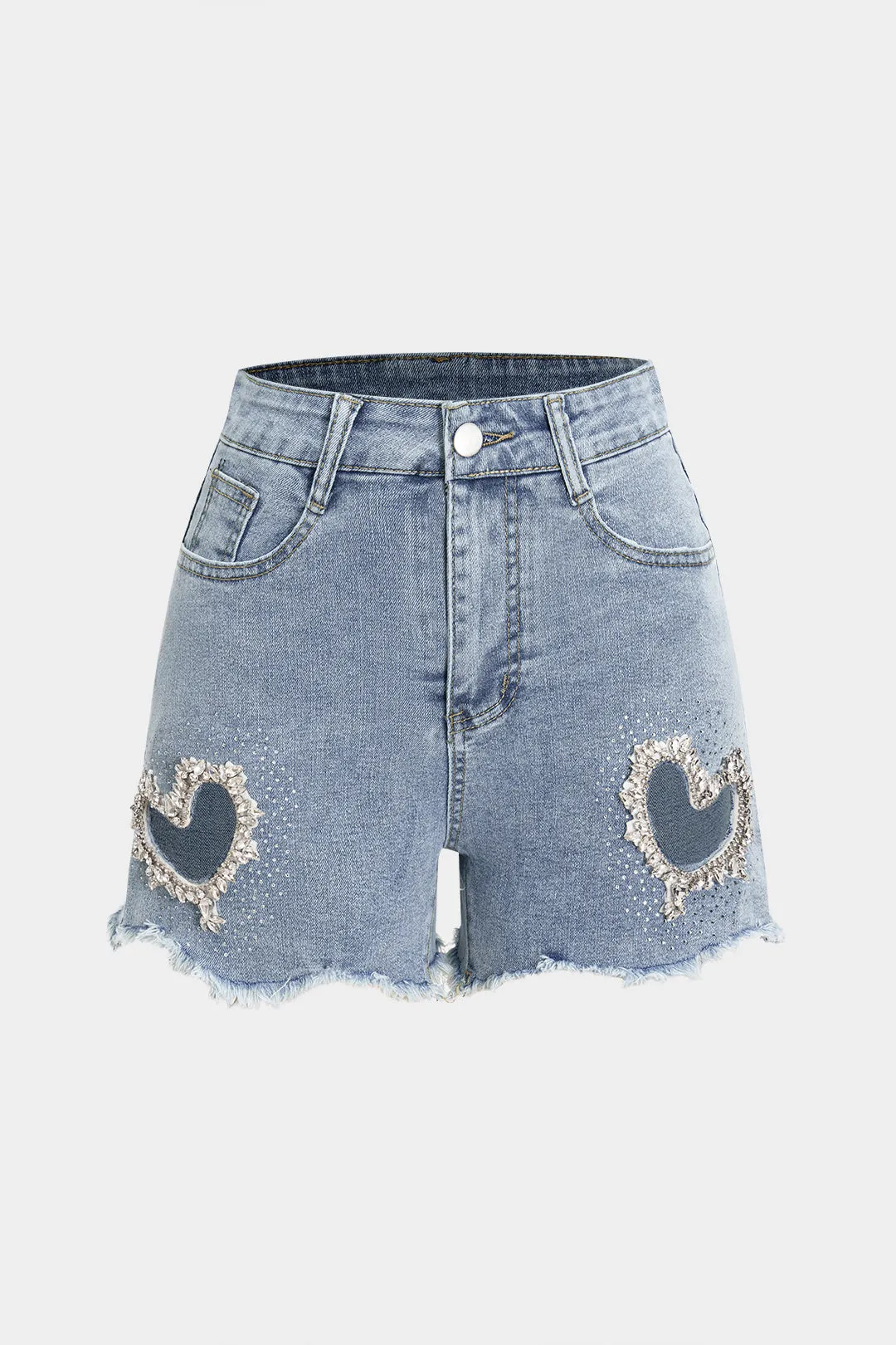 Denim hjerte mønster rhinestone flossede shorts sold by Micas