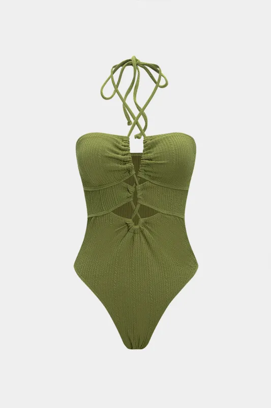 Crossed Cut Out Halter Neck Tummy Control One-Piece Swimsuit sold by Micas