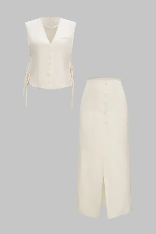 Linned V-hals bindetank top og knap SLT nederdel sæt sold by Micas