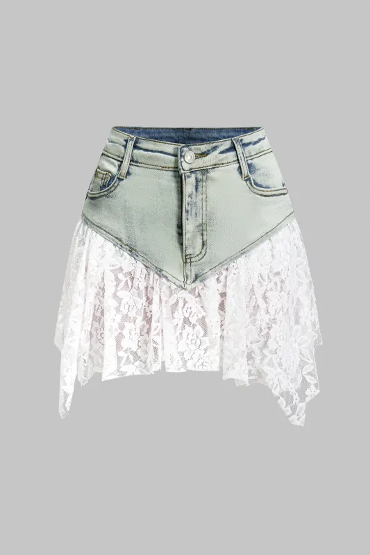 Denim High Waist Lace Patchwork Shorts sold by Micas