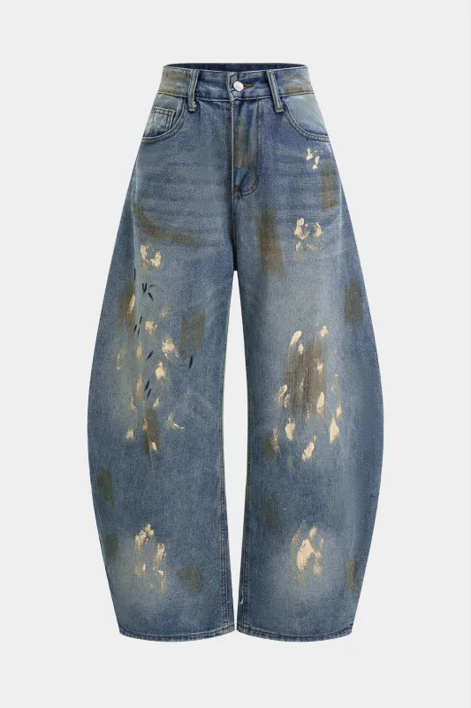 Denim vaskede beskidte brede ben tønde jeans sold by Micas