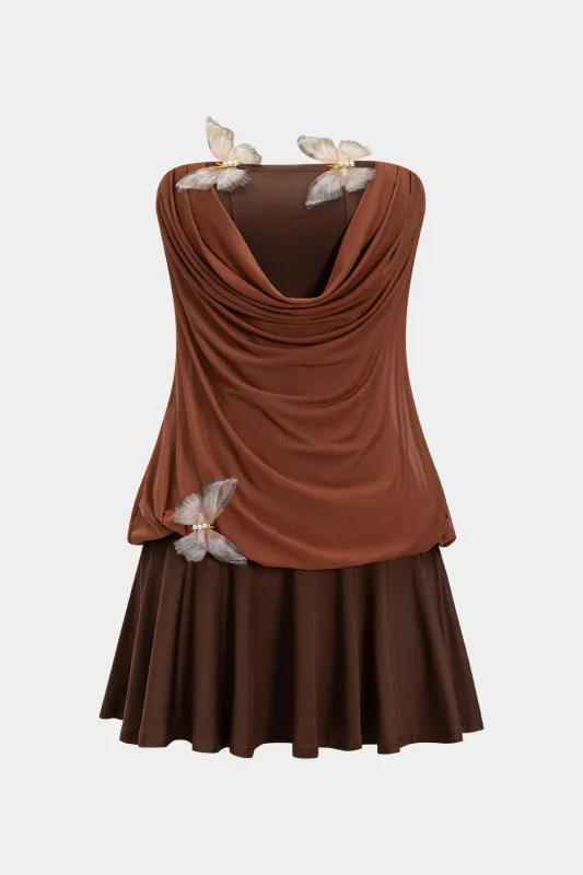 Butterfly Decor Patchwork Ruched Cowl Neck Stropløs ærmeløs mini -kjole sold by Micas