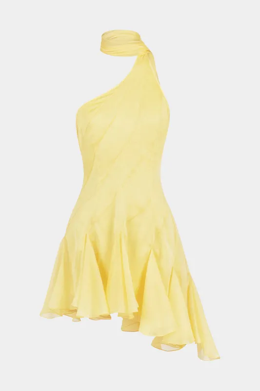 Chiffon Halter Neck Cut Out Ruffle Asymmetrical Backless Sleeveless Mini Dress sold by Micas