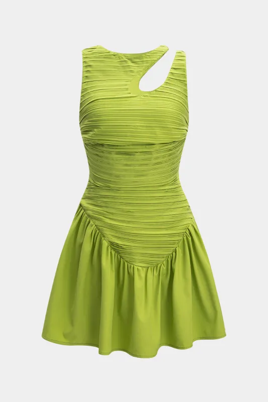 Pleated Cut Out Asymmetrical Sleeveless Zipper Mini Dress sold by Micas