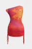 Plus størrelse mesh blomsterprint Ruched DrawString Asymmetrical Mini Dress sold by Micas