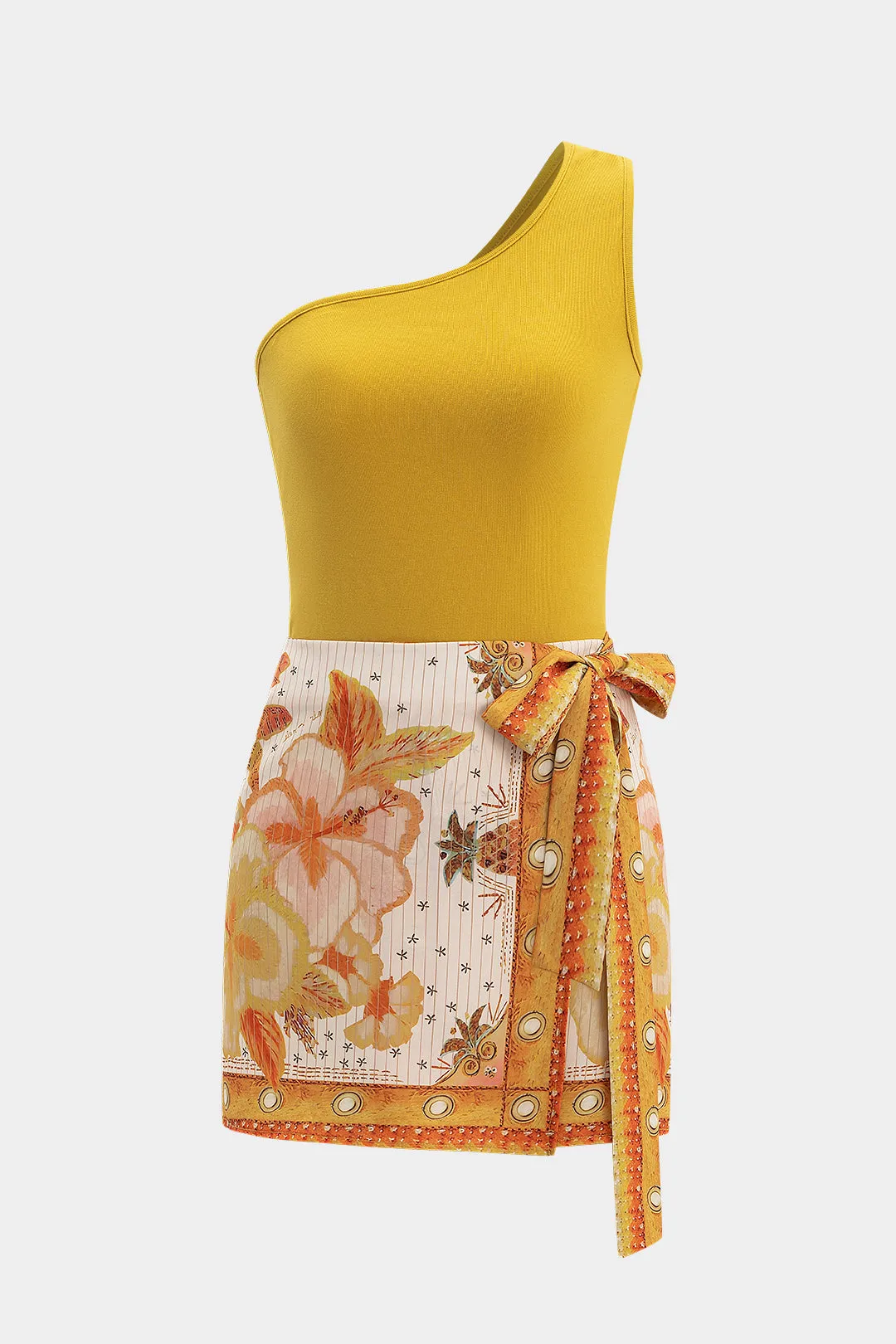 Asymmetrisk bodysuit og blomsterprintbindet nederdel sæt sold by Micas product image thumbnail 2