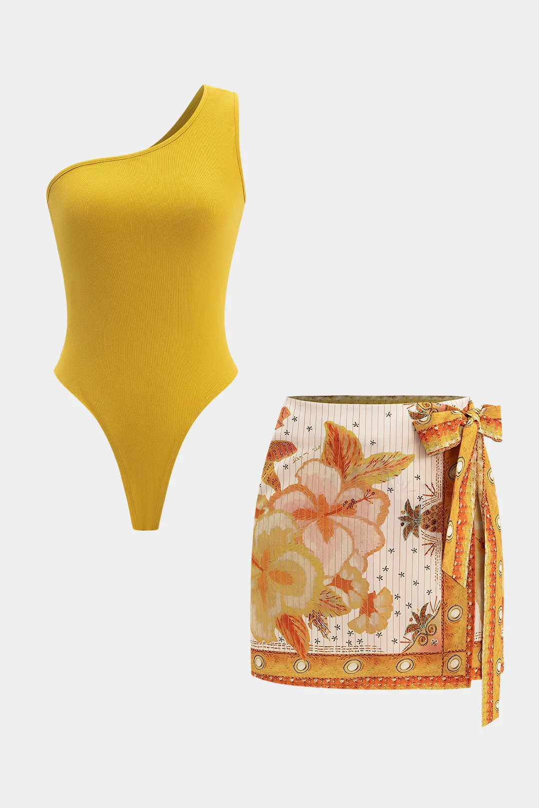 Asymmetrisk bodysuit og blomsterprintbindet nederdel sæt sold by Micas