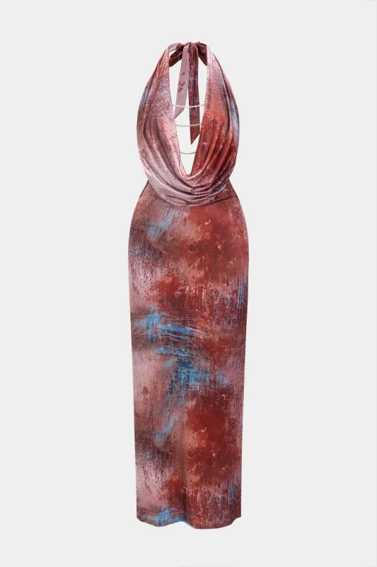 Tie farvestofkæde indretning cowl hals halter rygfri ærmeløs maxi kjole sold by Micas