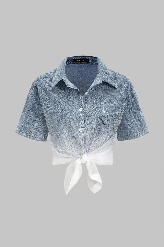Chiffon Contrast Ombre Button Short-Sleeve Shirt sold by Micas