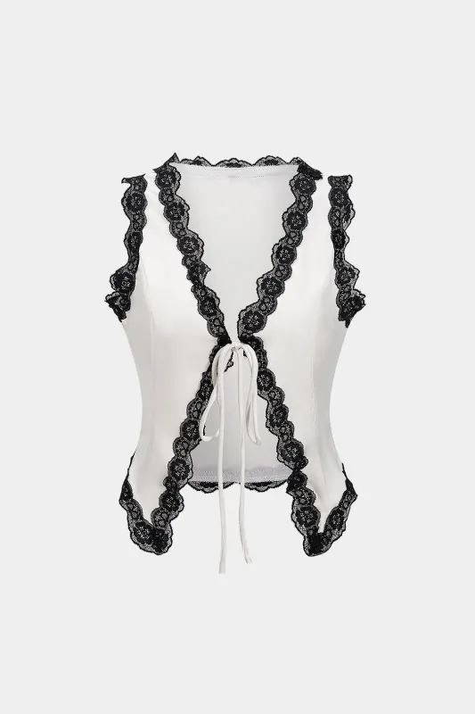 Tie front blonder trim patchwork tank top sold by Micas