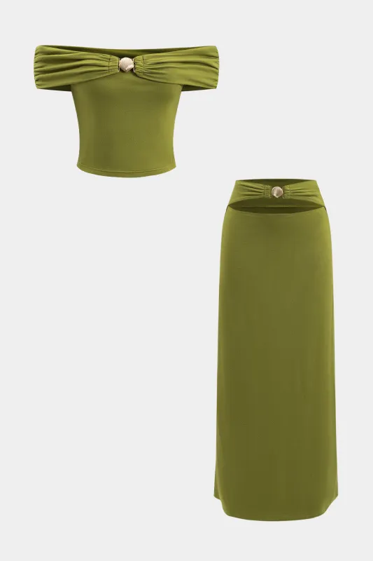 Metallic Decor Ruched Off Shoulder Tank Top And Cut Out Skirt Set sold by Micas