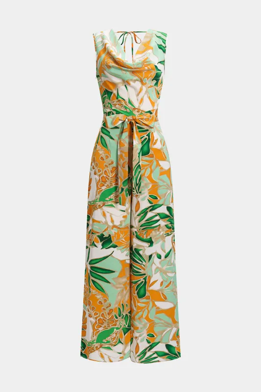 Abstrakt blomsterprint cowl hals binding ærmeløs jumpsuit sold by Micas