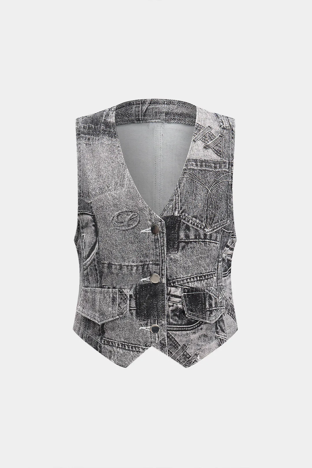 Denim v-hals falske lommer vest sold by Micas