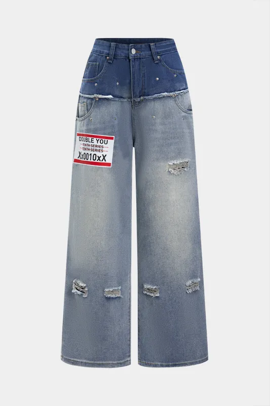 Denim Patchwork Ripped Rivet Straight Leg Jeans sold by Micas