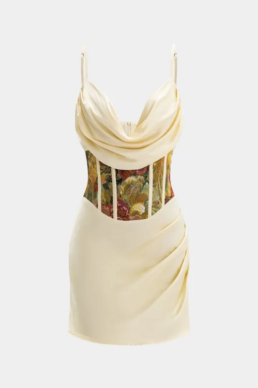 Satin Floral Print Patchwork Ruched Cowl Neck Slip Sleeveless Mini Dress sold by Micas