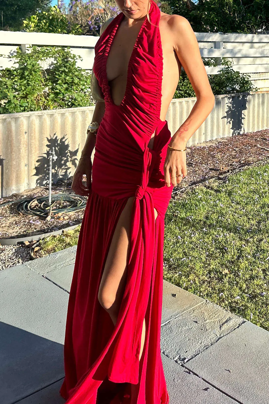 Ruched V-Neck Halter Neck Knotted Sleeveless Slit Maxi Dress sold by Micas