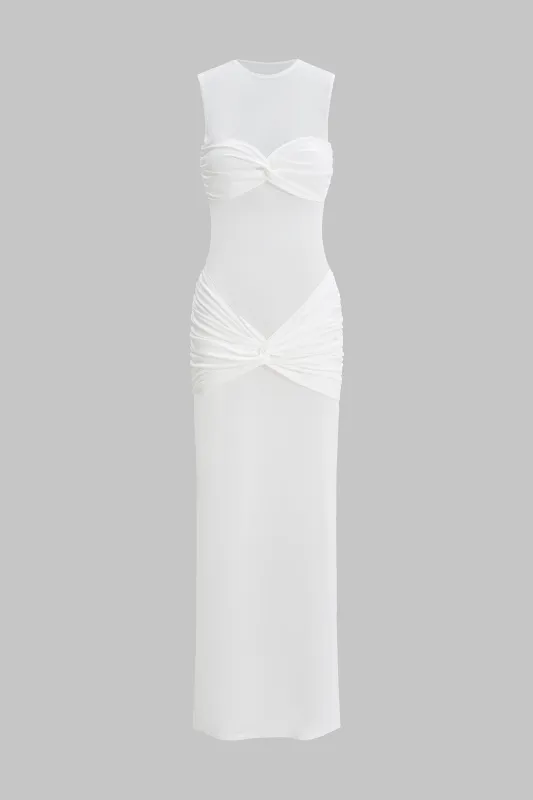 Mesh Sheer Twist Knot Ruched ærmeløs maxi kjole sold by Micas