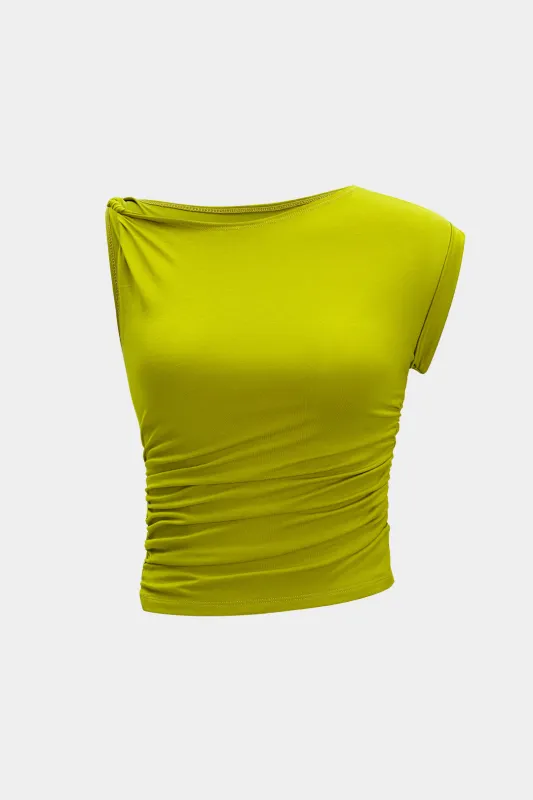 Asymmetrical Ruched Twist Short Sleeve T-Shirt sold by Micas