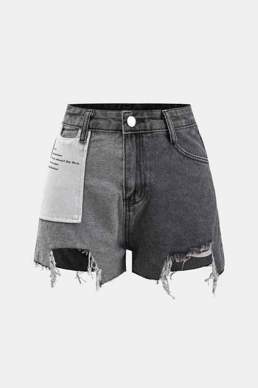 Denim flosset asymmetrisk høj talje patchwork shorts sold by Micas