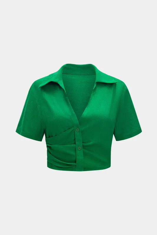 Linned asymmetrisk ruched v-hals kortærmet shirt sold by Micas