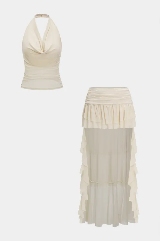 Mesh Halter Neck Cowl Neck Top og Nederdel sæt sold by Micas