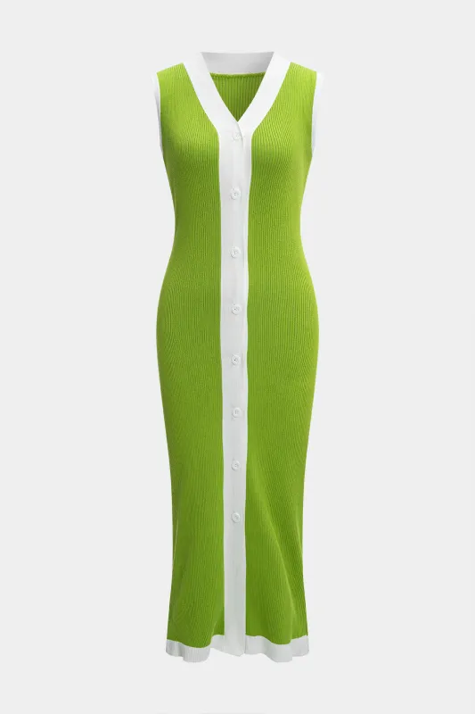 Strik kontrastknap V-hals ærmeløs kjole sold by Micas