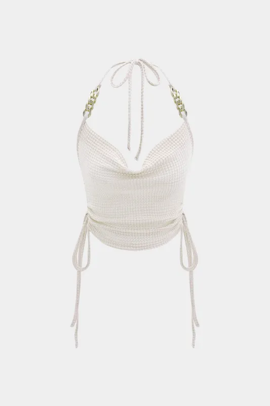 Strik metallisk kæde rygfri knyttet halter tank top sold by Micas