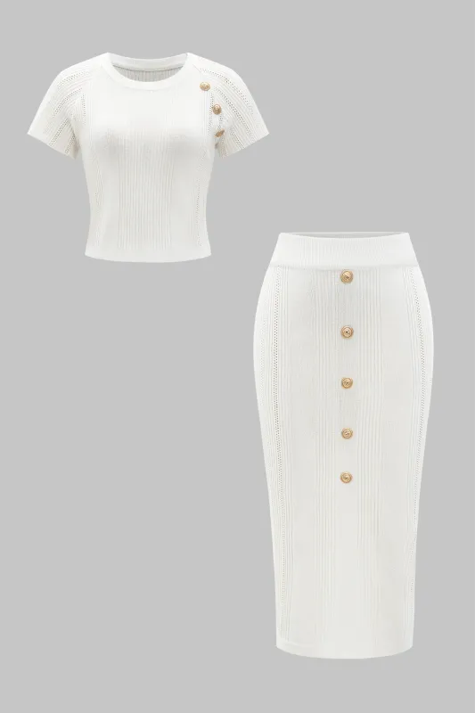 Strik metallisk knap top og nederdel sæt sold by Micas