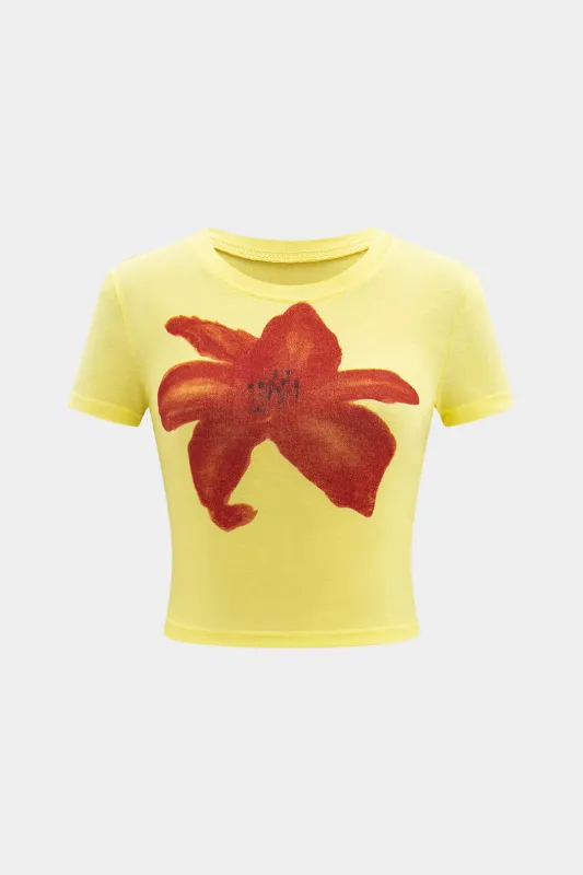 Blomsterkontrast Print Round Neck Short Sleeve T-shirt sold by Micas