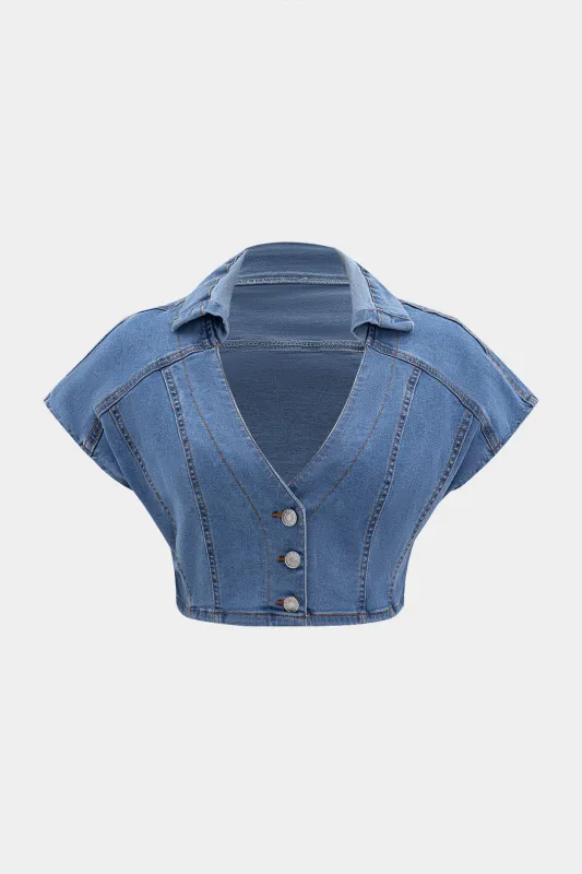 Denim Button V-neck Crop Top sold by Micas