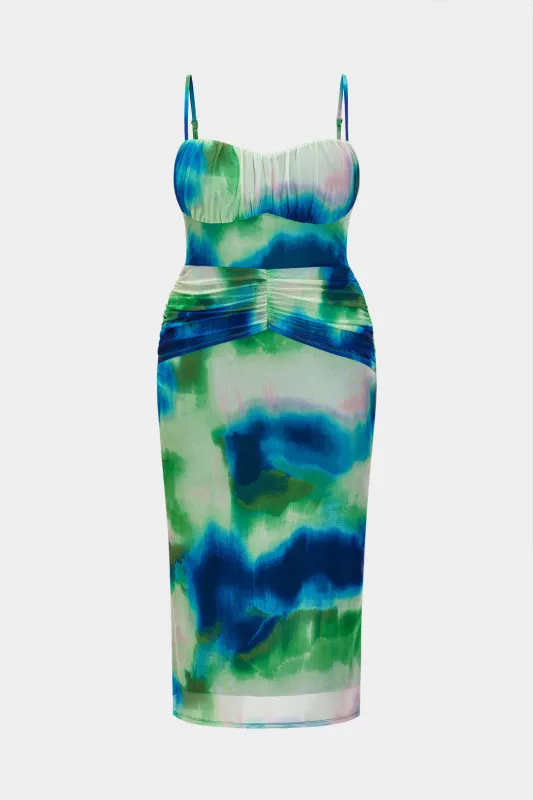 Plus Size Abstract Print Mesh Ruched Slip Sleeveless Midi Dress sold by Micas