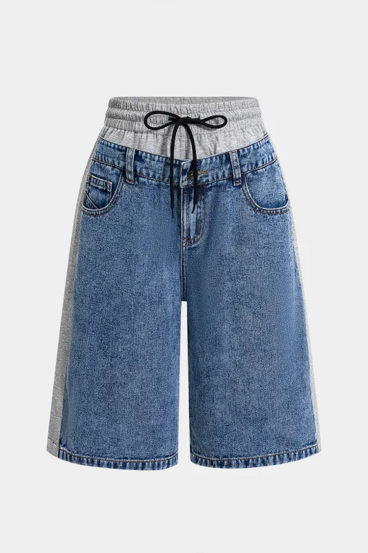 Denim Drawstring Patchwork Shorts sold by Micas