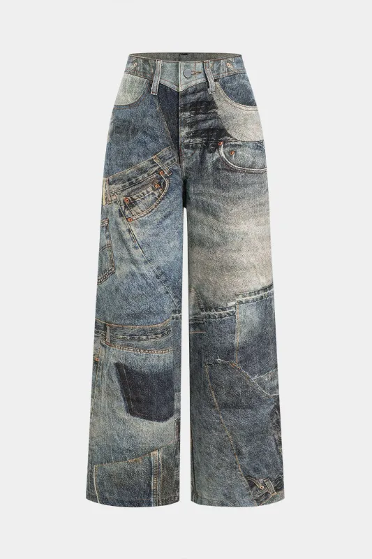 Illusion mønster print denim lige ben jeans sold by Micas