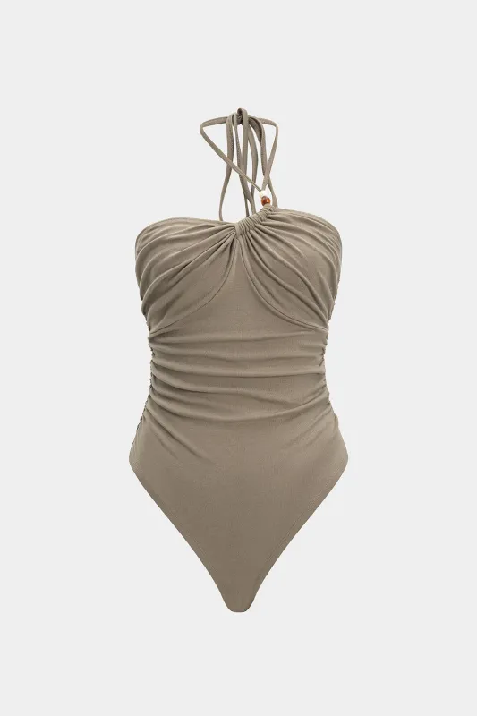 Beaded Asymmetrical Drawstring Ruched Sleeveless Bodysuit sold by Micas