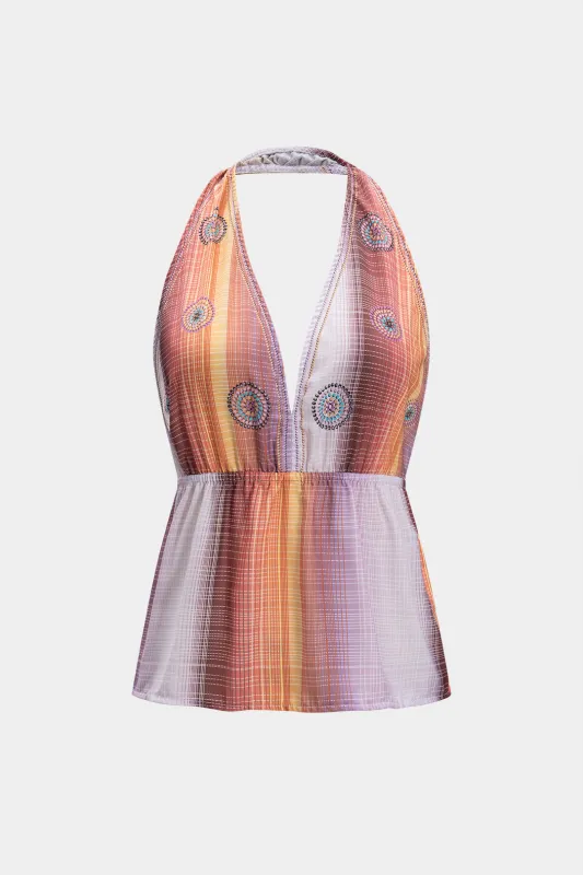 Stripe Print V-hals halter hals rygfri bindingstank top sold by Micas