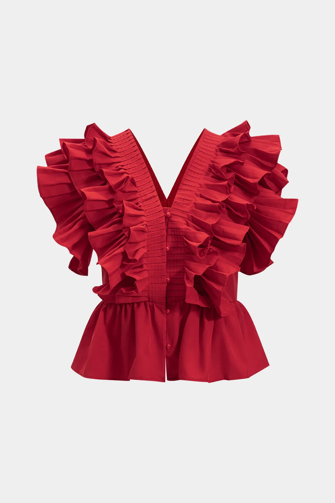 V-hals ruffle ruched tank top sold by Micas