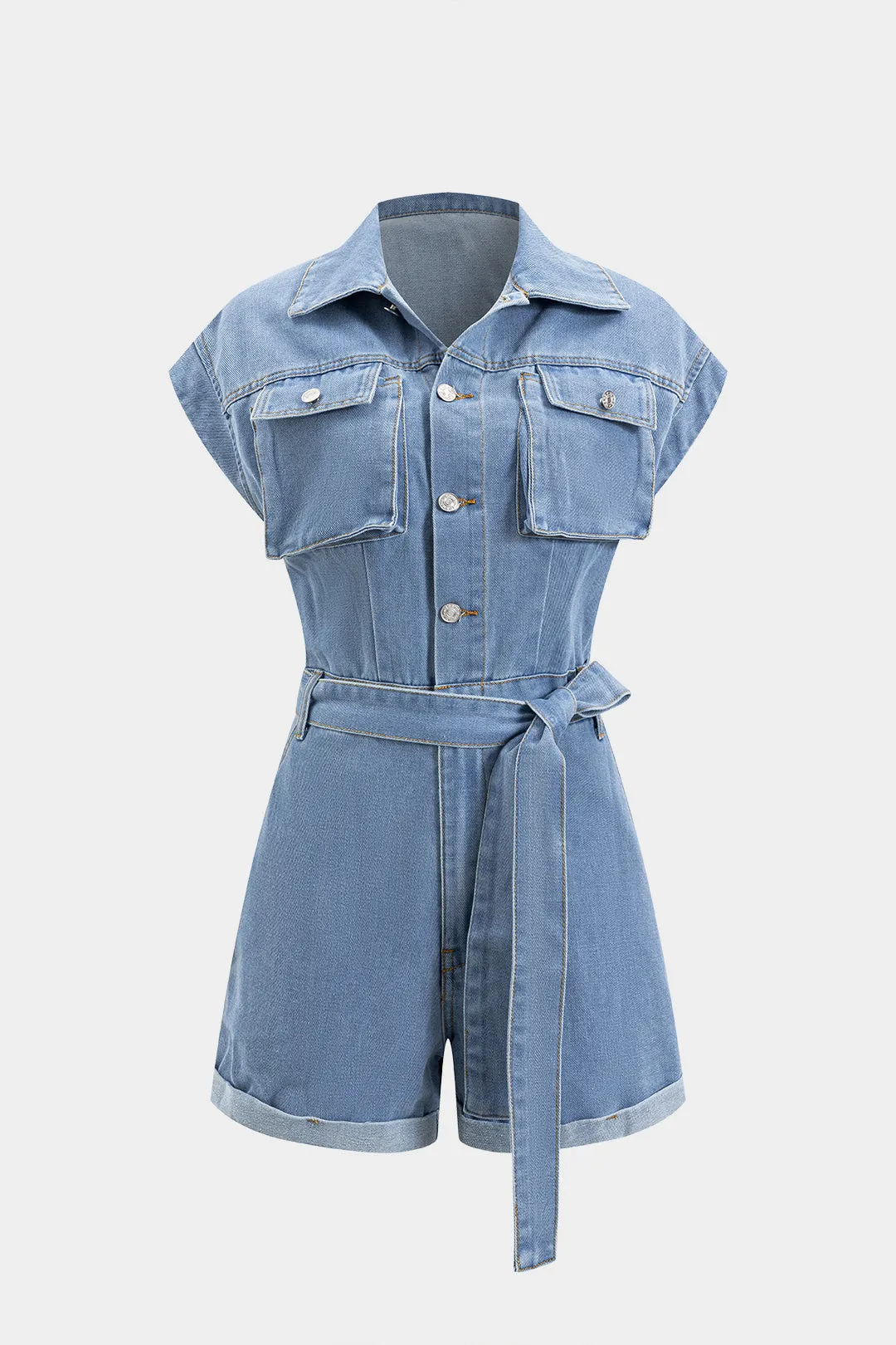 Denim Pocket Tie-Front Romper sold by Micas