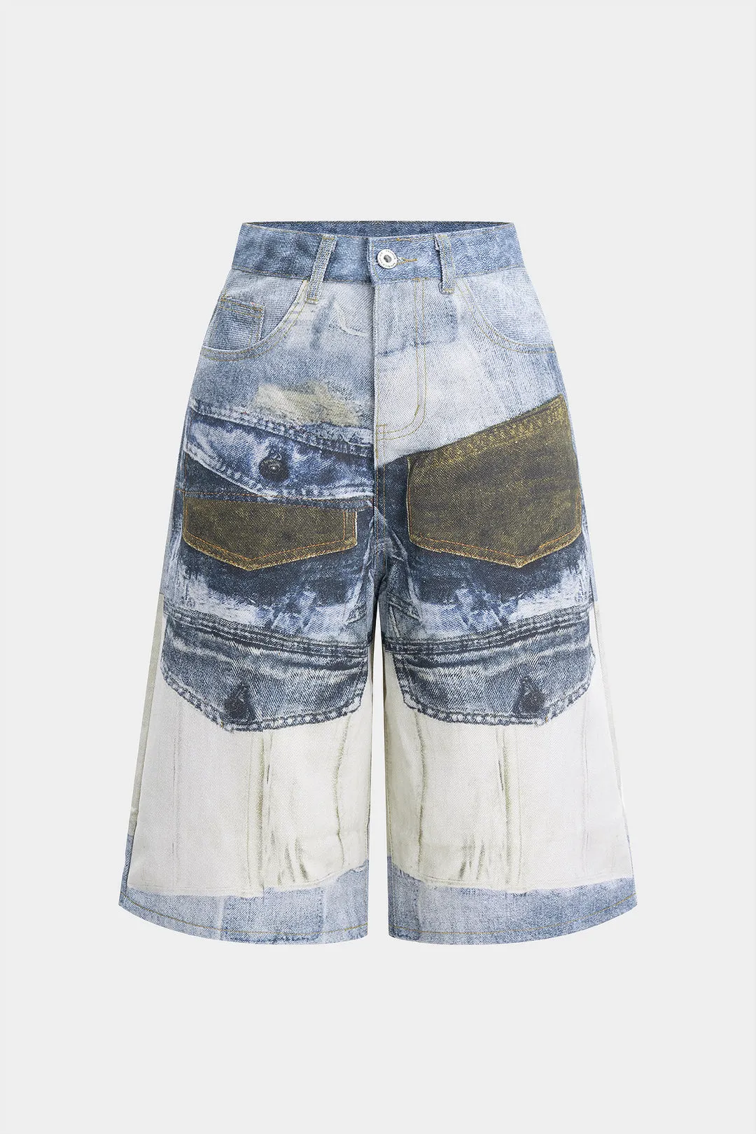 Denim retro print patchwork shorts sold by Micas