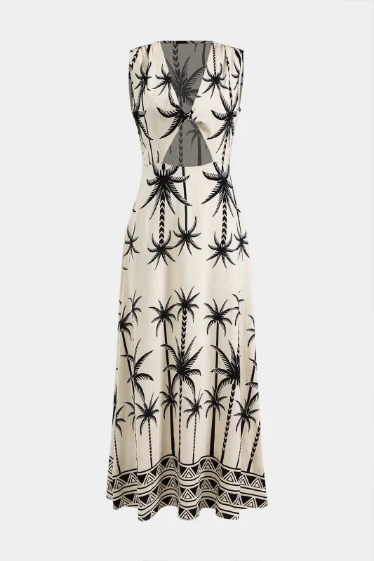 Palm Print Cut Out Twist Knot Sleeveless Midi Dress sold by Micas