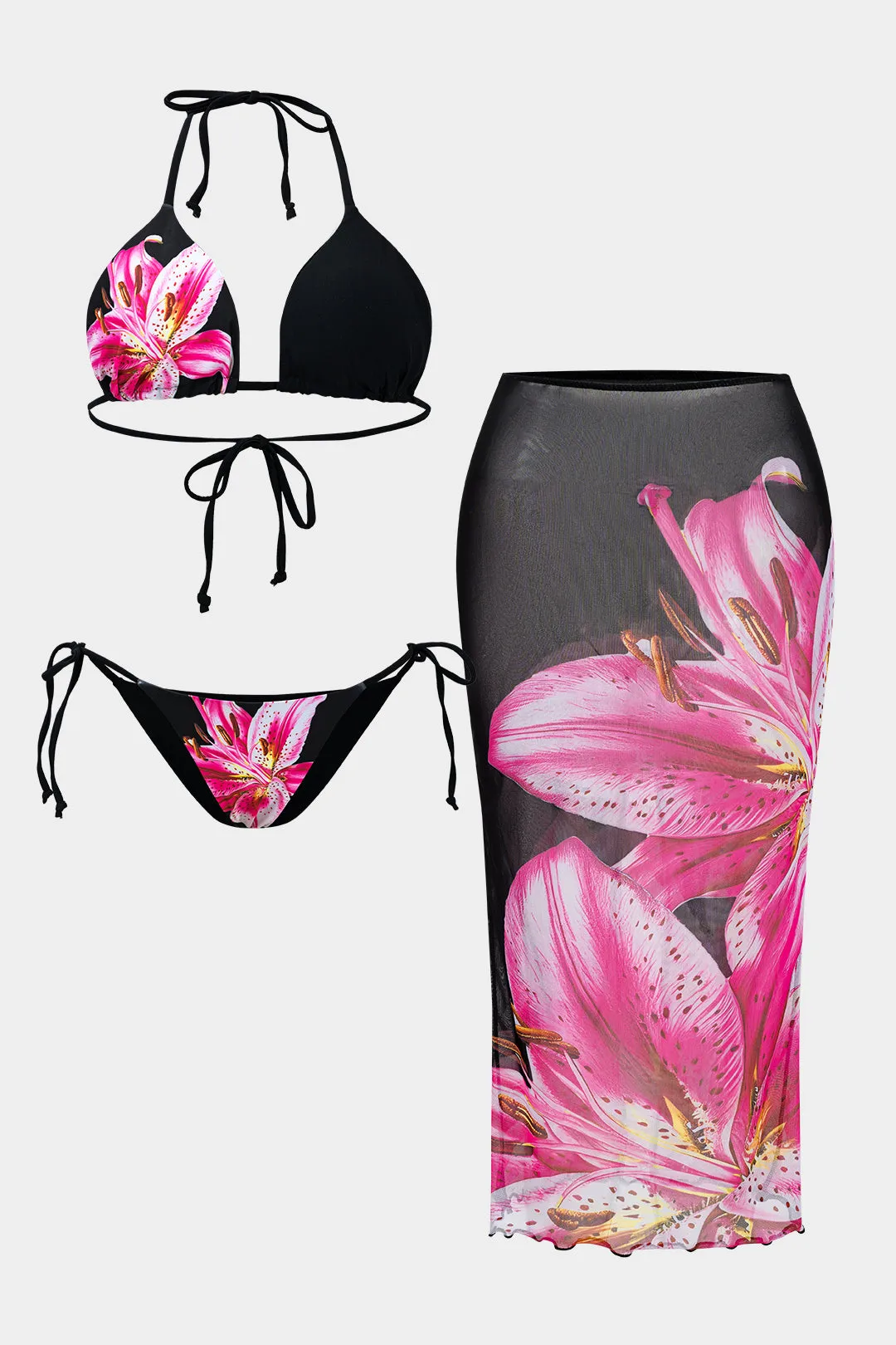 Plus Size Floral Print Tie-Up Three-Pieces Bikini Set sold by Micas