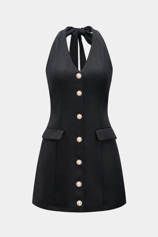 Halter V-hals Pearl Button Sleeveless Jumpsuit sold by Micas