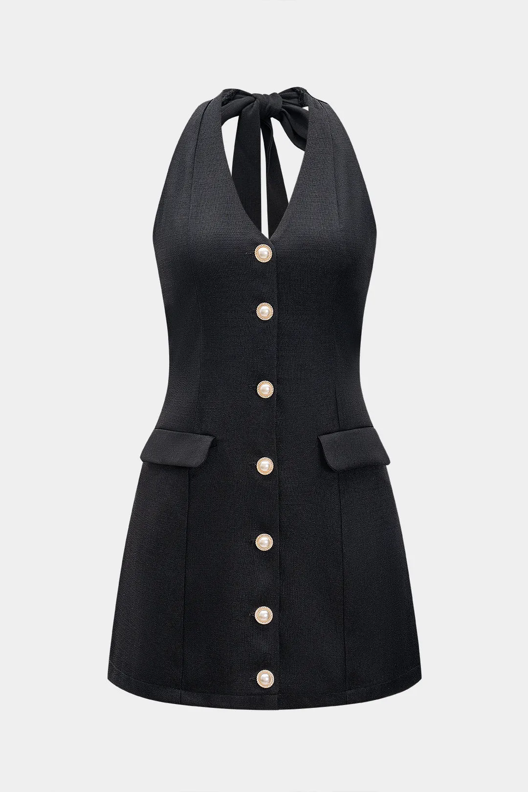 Halter V-hals Pearl Button Sleeveless Jumpsuit sold by Micas