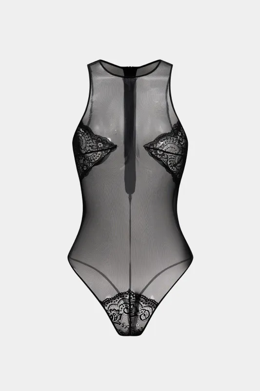 Mesh Sheer Lace Patchwork Sleeveless Bodysuit sold by Micas